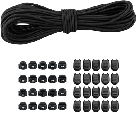 15M Black Elastic Cord,4mm Elastic String Bungee Cord Elastic Round Cord with 20 Pieces Zip Pull Cord Lock Cord, 20 Pieces Double Hole Spring for Sewing,Backpack,Shoelaces,DIY Projects (4mm*15M)
