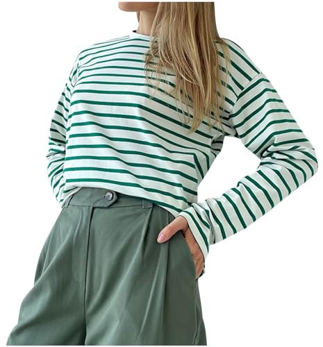 Komiseup Tshirt Damen Basic Gestreiftes Langarmshirt Teenager Mädchen Langarm Y2K Shirt Locker Leicht Sweatshirt mit Rundhals Long Sleeve Tee Tops Mode Kleidung Baumwolle Langarmshirts Frauen Tunika