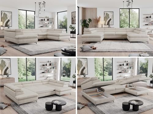MKS MEBLE Sofa U, Wohnlandschaft U-Form, Ecksofa mit Schlaffunktion und Bettkasten, Schlafsofa mit Bettkasten, Couch mit Verstellbare Kopfstützen - Pedro U - Creme Velvet