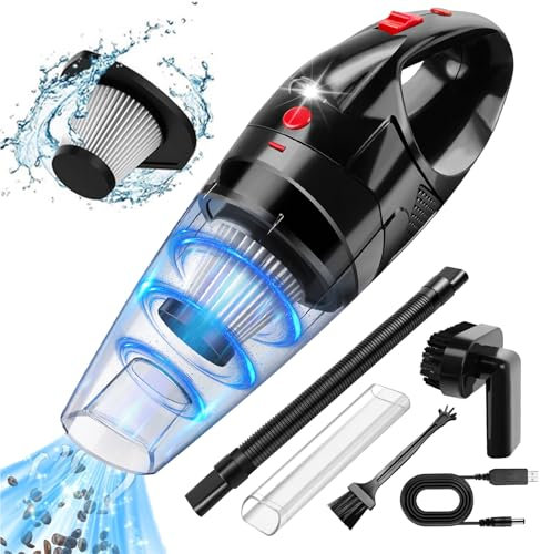 Aspirador de Mano Potente 9500pa, 12v Aspiradora Coche con Lavable Filtro Hepa, Aspiradora sin Cable Coche Kit con Luz Led para DoméSticas, Pelos Mascotas y Coche