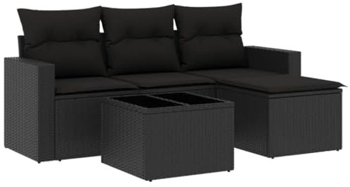 vidaXL Garten Sofa Garnitur 5-TLG., Gartenmöbel Set mit Kissen Stauraum, Sitzgruppe für Garten Terrasse, Modular Gartensofa Hocker Lounge, Tisch mit Glasplatte, Schwarz Poly Rattan