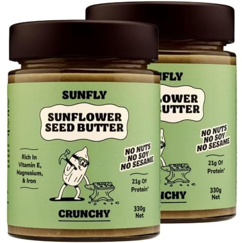 SUNFLY Crunchy Sunflower Seed Butter – Nut-Free, Vegan, High-Protein Spread - Top 14 Allergen-Free, No Palm Oil, No Soy, Plant-Based Peanut Butter Alternative - With Vitamins & Minerals - 2x330g Jars