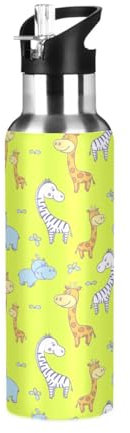 Bouteille d'eau avec paille étanche - Motif girafe jaune - Bouteille isotherme pour filles et garçons - 600 ml