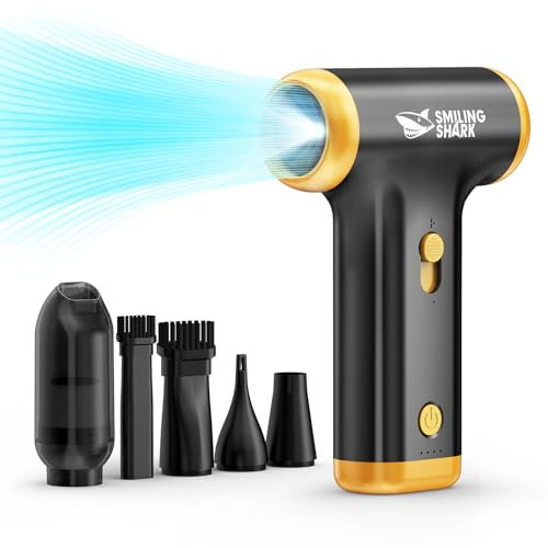 Smiling Shark Soplador de Polvo Eléctrico, JF-01 Motor Sin Escobillas Velocidad Sin Escala 130000RPM 5kpa con Luz LED Plumero de Aire Comprimido Recargable para Limpieza PC/Coche/Sofá, (PRO Negro)