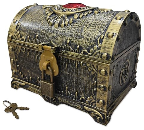 Flyekist Kids Pirate Treasure Chest Storage Box,Red Rhinestone Inlaid Top Decorative Pirate Chest with Lock and Key for Kids Birthday,Halloween, Christmas Pirate Party Favors