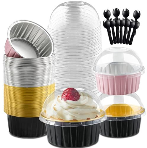Jogoico 60PCS Mini Loaf Cake Cases 150ml with Lids & Spoons - Modern Black & Pink Round Aluminum Foil Baking Pans - Reusable Cupcake Cases for Bread Cake Wedding Birthday Picnic