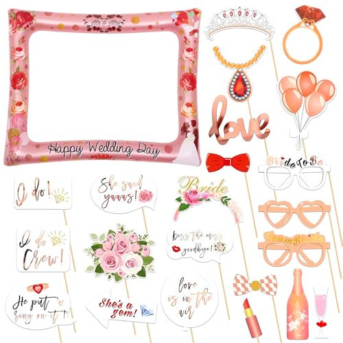 Inflatable Selfie Frame Photo Booth with 23pcs Props - Rose Gold Wedding Picture Frame for Bridal Shower Party Games Accessories