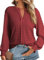 Dokotoo Ladies Tops Long Sleeve V Neck Spring Womens Tunic Top Loose Casual T-Shirts for Women Solid Color Shirt Textured Women's Blouses Shirts Fall Red Dahlia UK L