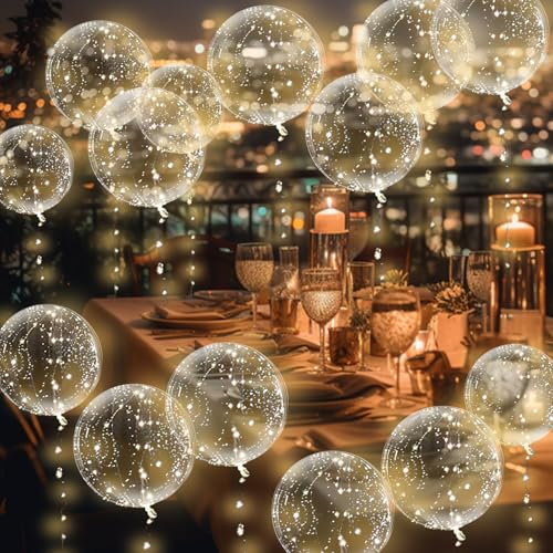 Yootiko 18 Stück Led Luftballons, 20 Zoll Geburtstag Kristall Blase Klar Ballons mit Konfetti Lichterketten Luftballons Wärmelampe Jumbo Bobo Luftballons für Weihnachten Hochzeit Geburtstag Deko