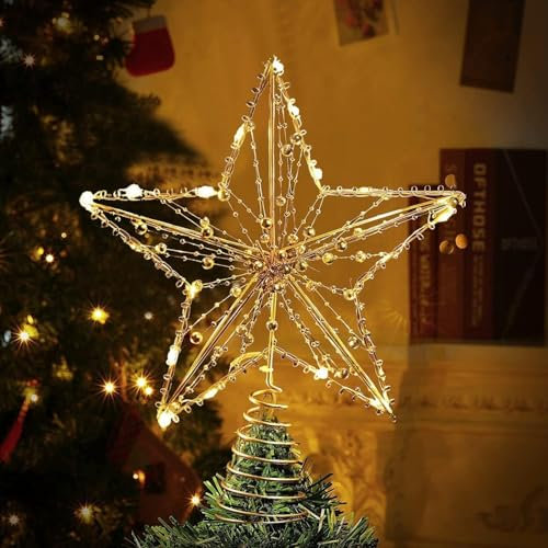 Puntale per albero di Natale, stella glitterata,20 LED Star Treetop con Golden Pearl, decorazione natalizia per albero di Natale (oro)(dimensioni ridotte)(23 * 18CM)