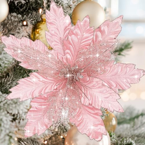 Thiccywoov 6 Pcs 18 Inch Large Jumbo Artificial Christmas Flowers Rose Gold Christmas Tree Decorations Ornaments Glitter Poinsettias Picks for Xmas New Year Wreath Garland Wedding Party Decor
