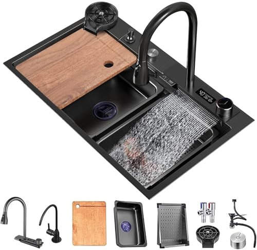 75x45cm Fregadero De Cocina En Cascada Negro, Fregadero Nano De Acero Inoxidable, Fregadero Para El Hogar, Lavabo Para Verduras, Fregadero Individual, Estación De Trabajo