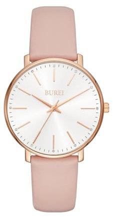 BUREI Frauen Uhren Mode Minimalistisch Analog Leder Quarz Wasserdicht Uhren für Frauen (Weiß-Gold-Pink)
