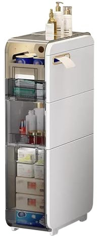 Armoire de rangement verticale avec tiroirs et roulettes transparents, organiseur étroit pour évier de salle de bain, armoire à papier toilette en plastique, armoire de sol de salle de bain mince et