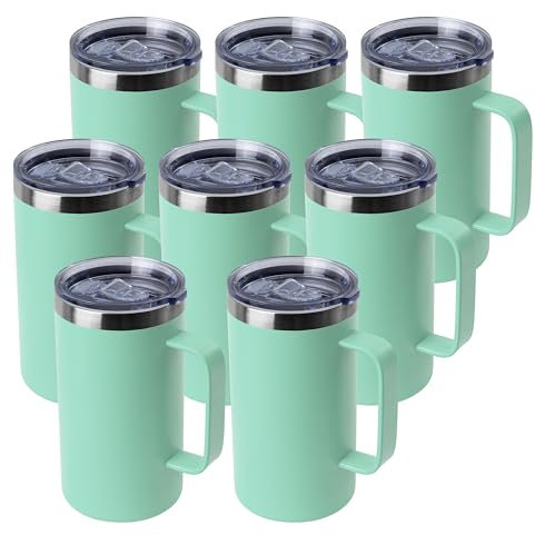 DOMICARE Taza de café de acero inoxidable de 24 onzas con asa y tapa, taza de viaje con asa, vaso de café al vacío de doble pared, taza aislada reutilizable, verde menta, paquete de 8