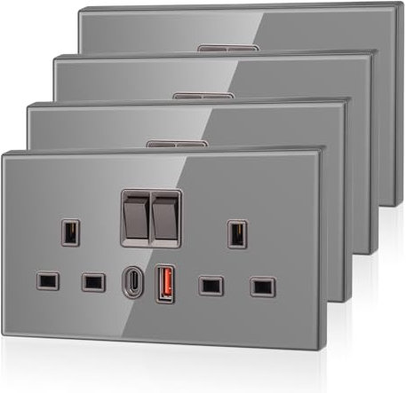 4 Pack CNBINGO USB Type C Glass Double Socket, 20W Max Fast Charging, Double Switched Socket with 20W PD USB C and A, 2 Gang Electric Power Socket, Grey Wall Outlet with Tempered Glass Panel