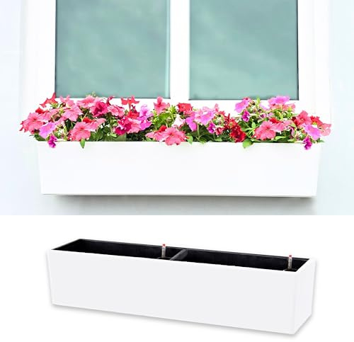 LaLaGreen - Macetas para exteriores (1 paquete, 40 pulgadas), sistema de riego automático, cajas rectangulares para flores con soporte, macetas blancas grandes verticales para colgar en la pared,
