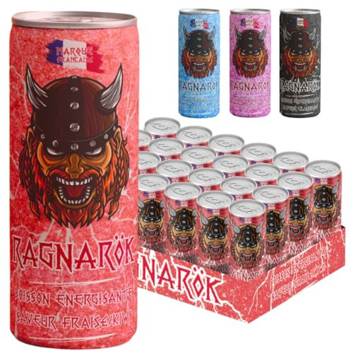 Ragnarök Energy Drink - 4 saveurs - Boisson énergisante - 250 ml - Marque Française - Pack de 24 Canettes - Conservation 18 Mois (Pack de 24, Fraise/Kiwi)