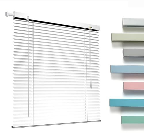 Persianas Venecianas Aluminio Medida 25cm Lamas, Sin Taladrar Persiana Veneciana Interior, Personalizables 45cm 60cm 80cm 100cm 120cm 150cm Estores Horizontales Blackout para Oficina Hogar(White)