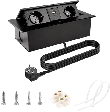 BuyWeek Empotrable Enchufe Mesa 2 Eurocompartimentos Regleta Empotrable con Conectores USB y Type-C de 18 W Carga Rápida Retractil para Encimera/Cocina/Oficina