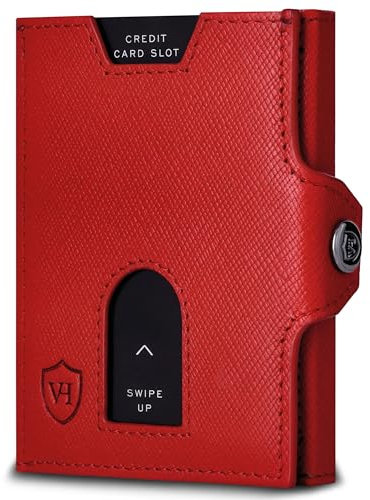 VON HEESEN Slim Wallet mit XL Münzfach & RFID Schutz - Leder Geldbörse Herren klein - Mini Geldbeutel Damen Portmonee - Kartenetui Echtleder Karten Portemonnaie - Kreditkartenetui Rot Saffiano