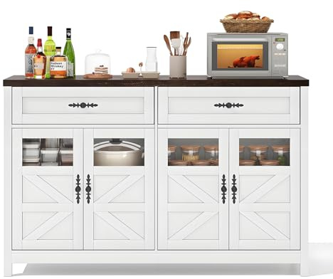 ZXSYYDS Küchen-Sideboard, Weiß, 140 cm, Küchenschrank Mit 2 Schubladen Und 4 Türen, Verstellbarem Regal, Für Wohnzimmer, Esszimmer, Möbel, Weiß-Braun