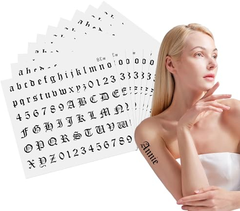 Goiern 10 Feuilles de Tatouages temporaires Style Gothique avec Petites Lettres anglaises et Chiffres, Autocollants Tatouage Alphabet pour Art du Corps des Doigts et du Cou pour Adultes