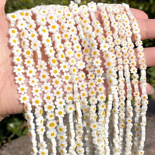 60 Stück Weiße Gänseblümchen Perlen Blumen Glasperlen Zum Auffädeln Handgemachte Kleine Perlen Für Armbänder Selber Machen Perlenset für Armbänder Erwachsene Bastelperlen Schmuck Selber Machen Set