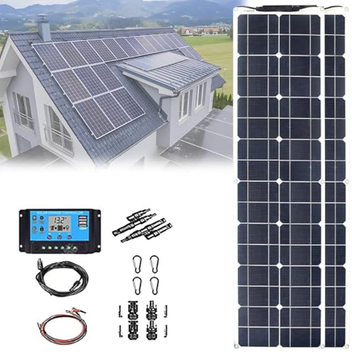 PxkVrin Panneau Solaire Ultra-Fin 400 W, monocristallin, ETFE, Pliable, avec contrôleur 40 A, pour Famille, Camping-Car, Caravane, Bateau, Blanc/Noir. 2×200w