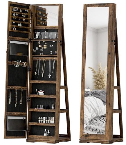 HOMCOM Espejo Joyero de Pie, Armario para Joyas Giratorio 360°, Armario Joyero con Cerradura, Llaves, Estantes Posteriores y Espejo Pequeño Incorporado, para Dormitorio y Vestidor, Marrón Rústico