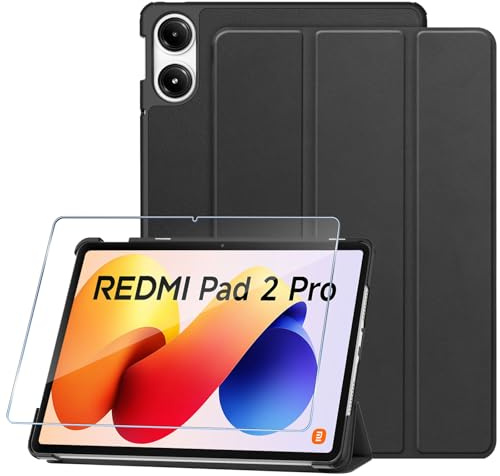 ELYCO Funda para Xiaomi Redmi Pad 2 Pro 12.1 Pulgadas, Lote 1+1 | Negro Cover + Protector de Pantalla, Carcasa con Auto Despertador/Sueño, Trasera Mate Ultra Delgada Anti-Caída Case