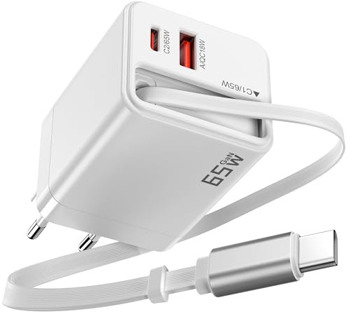 KAIMENGLONG GaN USB-C Ladegerät 65 W 3-Port Netzteil Schnellladegerät mit Ausziehbarem 65cm Ladekabel Charger für iPhone 17, 17 Air, 17 Pro Max,16,15 Plus, iPad, MacBook, Samsung (Weiß)
