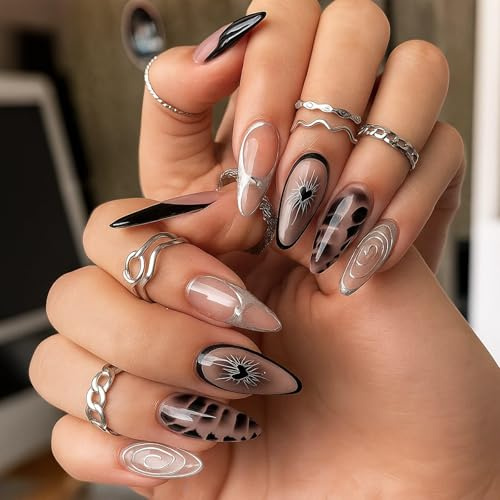 Vibrant Long Stiletto Almond Press On Nails With Glossy Finish And French Tip - Silver Glitter Swirl & Black Grey Leopard Print Designs Easy Application Reusable False Nail Kit