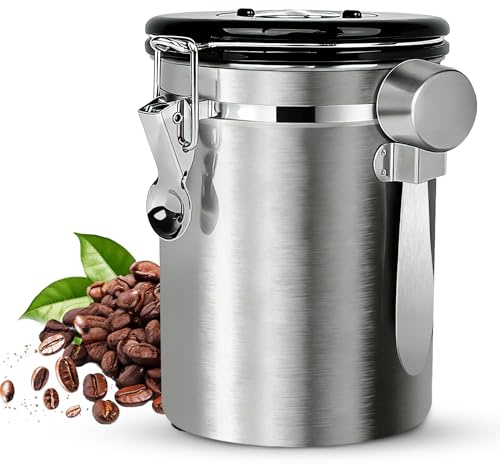 Kaffeebohnen Behälter, Luftdichte Edelstahl Kaffeedose1,8 L KaffeebohnenbehäLter mit EdelstahllöFfel, Multifunktionales Kaffeebohnen Behälter für Tee NüSse Kakao LäNger und Frisch Bleiben (Silber)