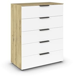 Rauch Möbel Flipp, Kommode, Farbe Weiß/Eiche Artisan, Breite 80 cm | Sideboard, 5 Schubladen, Soft-Close-Funktion, für Schlafzimmer, Gästezimmer, Wohnzimmer, Garderobe, Flur