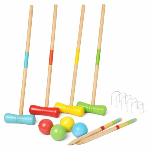 FERRY JOUETS Jeu de Croquet en Bois pour 4 Joueurs, avec Maillets, Boules, Arceaux Métalliques et Filet de Rangement, Jeu de Jardin, à partir de 6 Ans