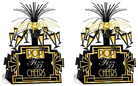 Beistle 54928 2 Piece Roaring 20's Party Table Centerpiece Decoration 1920 Champagne Pop Gatsby Theme Supplies, Paper, Black/Gold/White