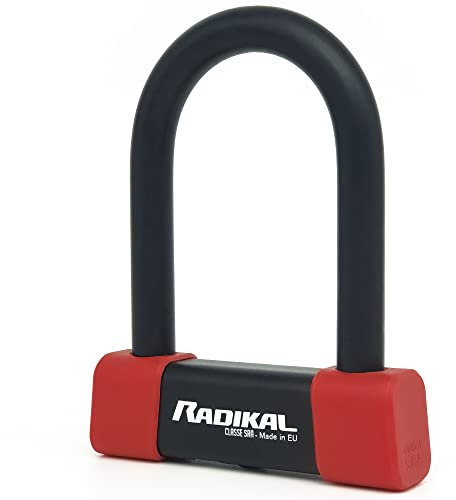 RADIKAL RK120R Lucchetto a U Premium Omologato SRA, 85x125mm, Blocco Ceppo Ruota, Arco ø18mm Acciaio Cementato Rivestito a Doppio Chiusura, Serratura Antifurto U Lock Moto Scooter