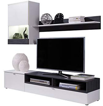 Wohnwand Andreas, elegantes Wohnzimmer-Set als Anbauwand, griffloses Öffnen, bestehend aus TV-Lowboard, Hängevitrine, Wandregal mit viel Stauraum (weiß / kiefer dunkel, mit weißer LED Beleuchtung)
