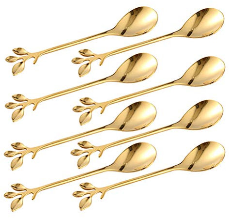 Turbokey Gold Leaf Coffee Spoon Set of 8,Ice-Cream Tea Stirring Spoons 4.7 Inches Retro Dessert Demitasse Espresso Spoons Cutlery Kitchen Tableware (8 Spoons-Gold)
