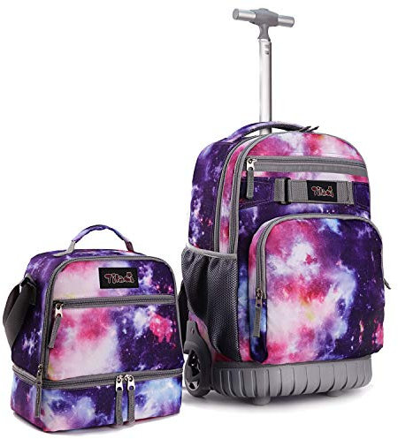 Tilami Galaxy Purple Rolling School Backpack with Lunch Bag, 19 inch, Kids Unisex Backpack Set