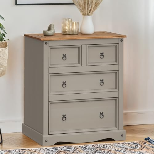 Corona Grey Painted 2+2 LARGE Chest Of Drawers Solid Wood Pine Wooden Bedroom Storage Deep Drawers Mexican Style 103cm High 92cm Wide 48cm Deep