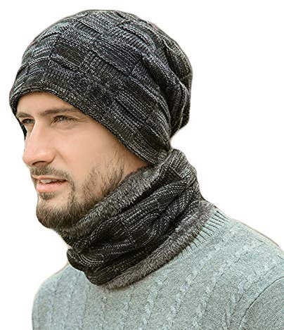 Herren/Junge Winter Mütze und Loopschal mit Teddyfell Strickmütze und Strickschal mit Fleecefutter, warme und weiche Winterausstattung, Ski Mütze und Schal Set, Skiausrüstung (Dunklgrau)