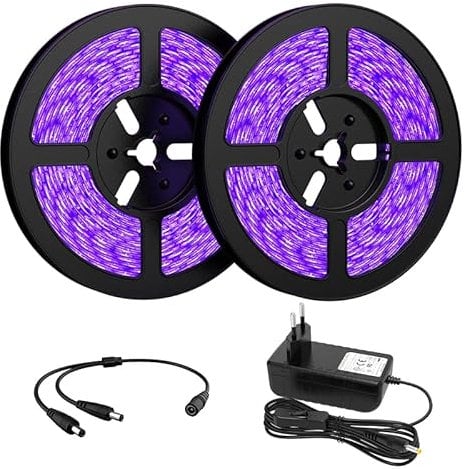 Onforu 10M Schwarzlicht Streifen, UV LED Strip mit Netzteil, 12 V Flexibel 600 LEDs Band, Selbstklebend 2835 Lichtleiste UV Lampe, Lichtband Black Light für Party, Bar, Neonfarben, Club, Disco, Deko