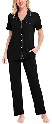 SWOMOG Women Pajama Sets Two-Piece Nightwear Short Sleeve Sleepwear Button Down Pj Lounge Sets with Long Pants Black