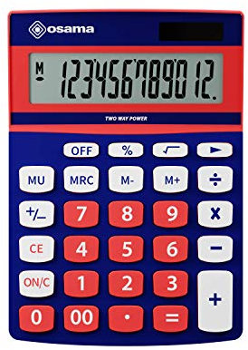Osama, Metacolor - Calculatrice Bureau à 12 Chiffres + Écran Incliné en Métal, Calculatrice College et Lycee avec Recharge Solaire - Calculette Idéal comme Fourniture et Accessoire Bureau, Bleu/Rouge