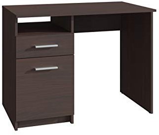 MATKAM Schreibtisch Bodo DSP H 75 x B 100 x T 50 cm, laminierte Möbelplatte, Schublade mit Metalllaufleiste auf Rollen, Ablage mit Tür, Metallscharniere, satinierte Griffe (Wenge)