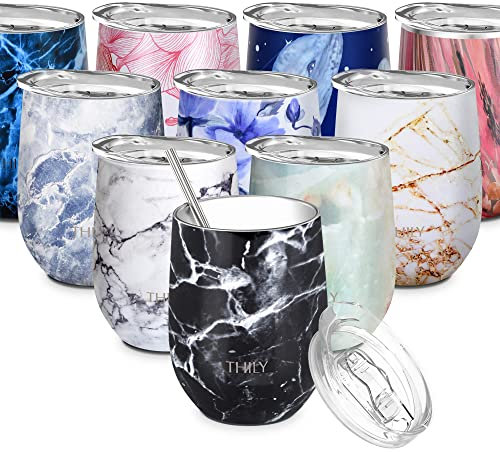 THILY Wine Tumbler Stainless Steel Insulated Stemless Wine Glass with Lid and Straw, Travel Cup Keep Cold for Coffee, Cocktails, Black Marble