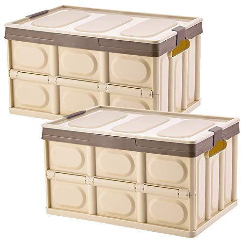 Tuevob 2 Pack Collapsible Storage Boxes Crates 30L Lidded Storage Bins Plastic Tote Storage Box Container Stackable Folding Utility Crate for Clothes, Toy, Books,Snack, Shoe Grocery Storage Bin-Khaki