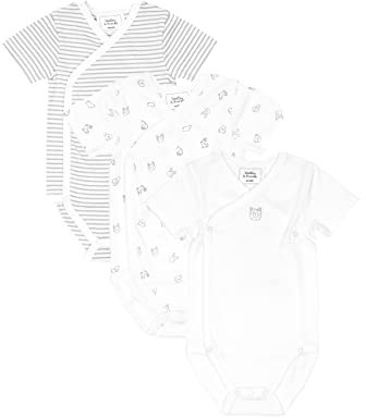 Stellou & friends Baby 100% Bio-Baumwoll Wickelbody 3er Set, kuschelweiche und hochwertige Kinder Kleidung für Jungs und Mädchen mit schönen Prints Kurzarm Grau-Weiß 62-68